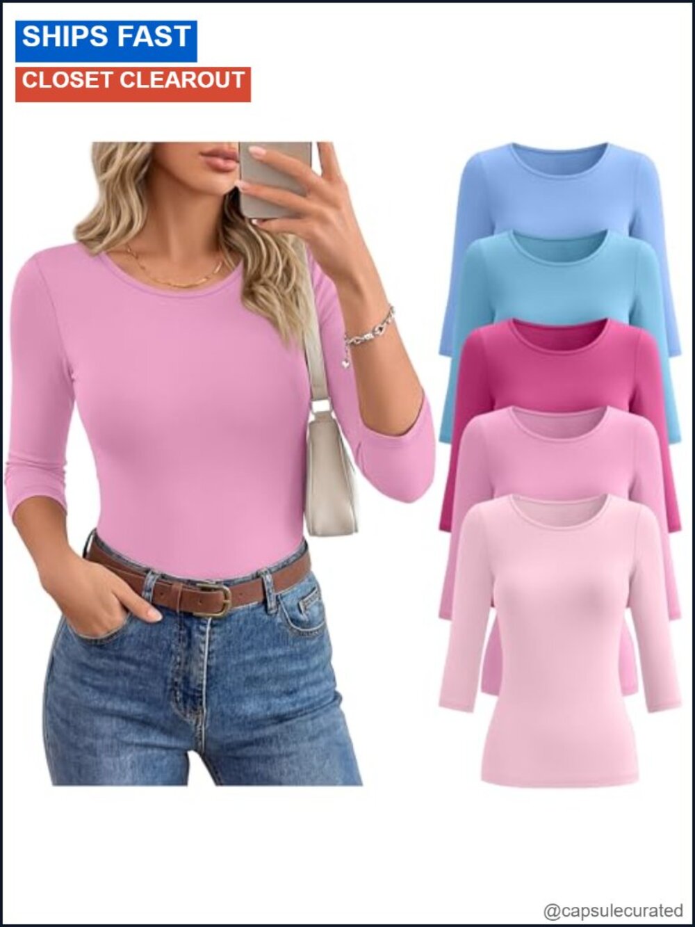 5 Pack Women's 3/4 Sleeve Cotton Blend Tops Crew Neck
